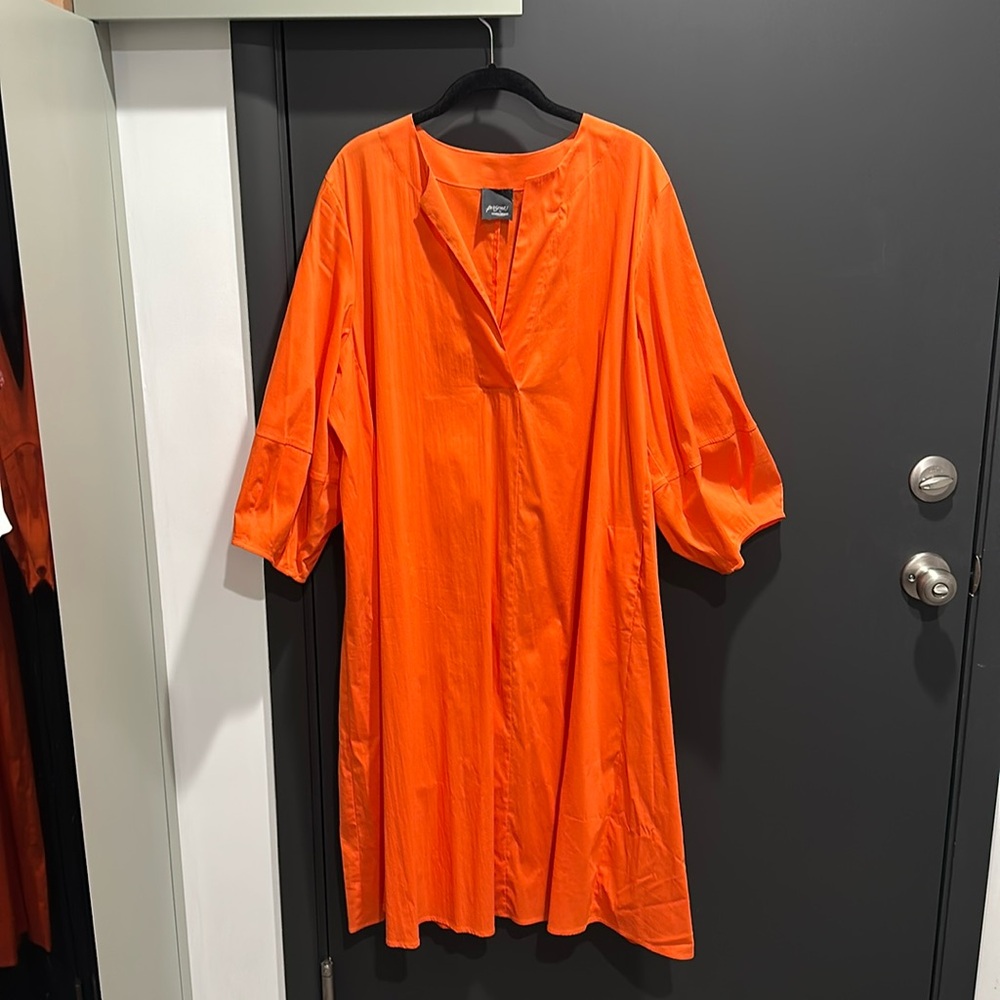 Marina Rinaldi Persona Orange Dress 1X/2X cotton, flowy, v-neck, full 3/4 sleeve